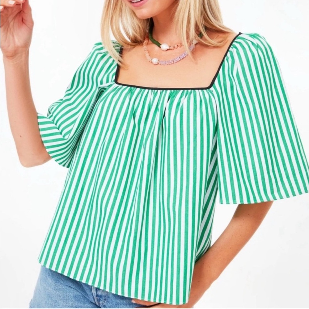 Tuckernuck Pomander Place Green White Stripe Celia Top Black Trim Short Sleeves